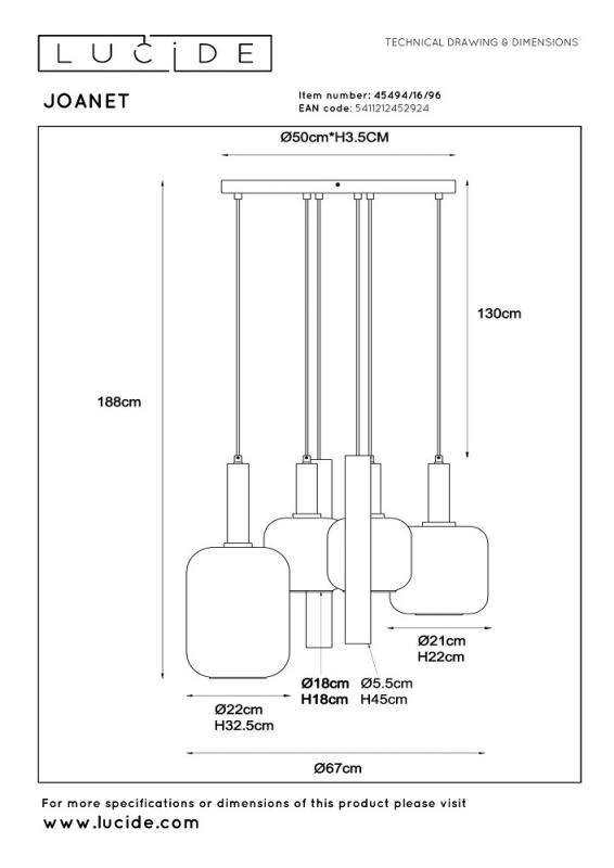 Lucide JOANET Pendelleuchte Ø65 cm 4xE27 Messing Rauchglas