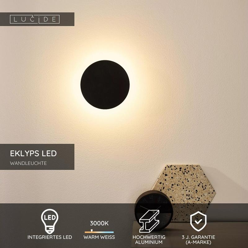 Lucide EKLYPS LED Wandleuchte Ø15 cm Schwarz 3000K 7W moderne Akzentlampe