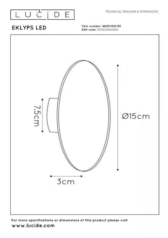 Lucide EKLYPS LED Wandleuchte Ø15 cm Schwarz 3000K 7W moderne Akzentlampe