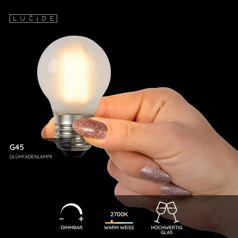 Lucide G45 LED Glühfadenlampe E27 Ø4,5 cm 4W 2700K dimmbar Matt