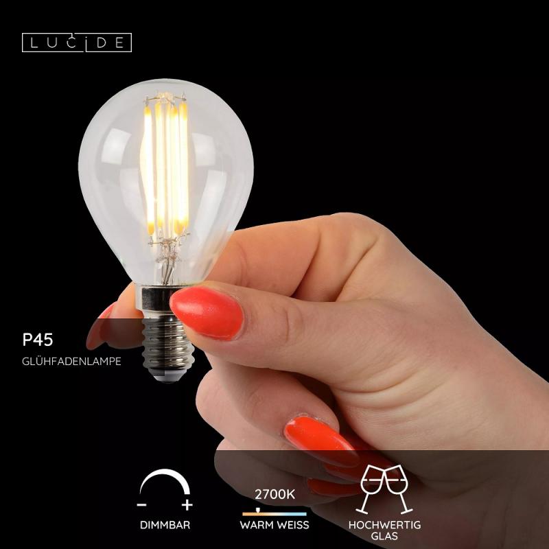 Lucide P45 LED Glühfadenlampe Ø4,5 cm E14 4W 2700K dimmbar Transparent