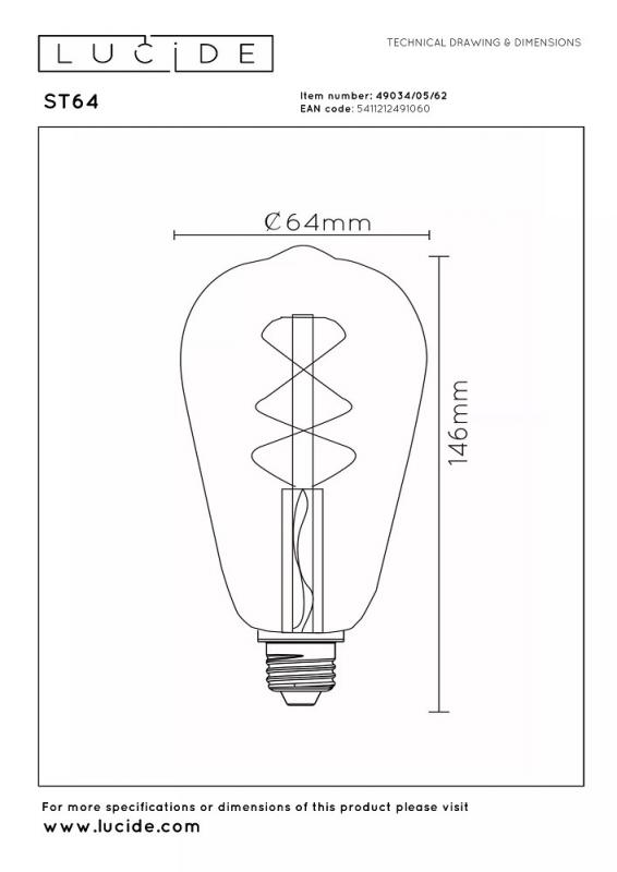 Lucide ST64 LED Glühfadenlampe Ø6,4cm E27 4,9W 2200K Amber dimmbar Vintage