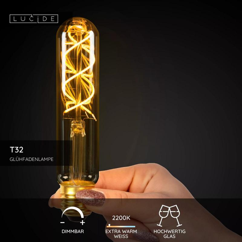 Lucide T32 LED Glühfadenlampe Ø3cm E27 4,9W 2200K Amber dimmbar Rohrform