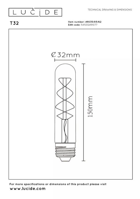 Lucide T32 LED Glühfadenlampe Ø3cm E27 4,9W 2200K Amber dimmbar Rohrform