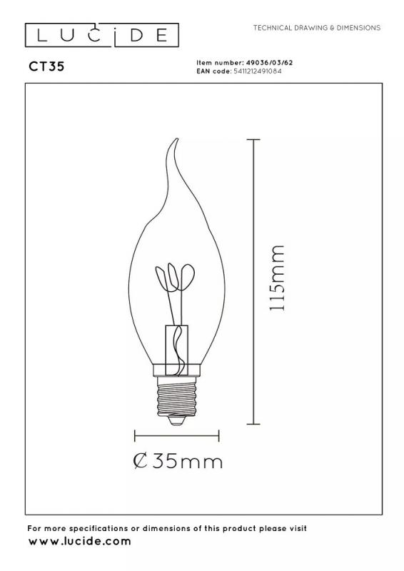 Lucide CT35 E14 LED Filament 3W 2200K 165 lm dimmbar Amber – kompakte Vintage-Kerzenlampe
