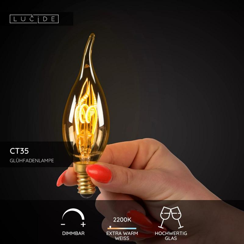 Lucide CT35 E14 LED Filament 3W 2200K 165 lm dimmbar Amber – kompakte Vintage-Kerzenlampe