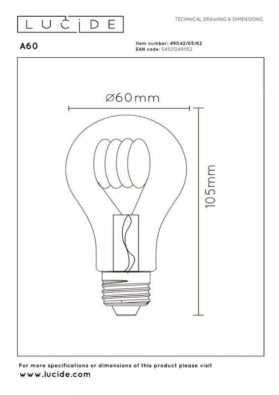 Lucide A60 LED Glühfadenlampe Ø6cm E27 4,9W 2200K Amber dimmbar