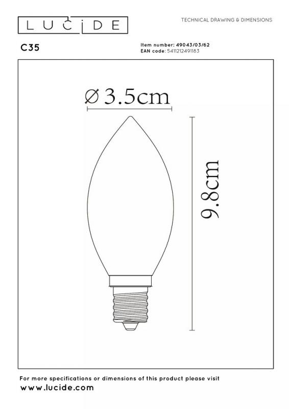 Lucide LED FILAMENT C35 E14 3W 2200K DIMMBAR