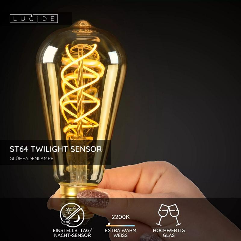 Lucide ST64 TWILIGHT SENSOR E27 LED Filament 4W 2200K 300 lm Amber – mit Dämmerungssensor