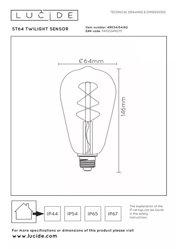 Lucide ST64 TWILIGHT SENSOR E27 LED Filament 4W 2200K 300 lm Amber – mit Dämmerungssensor