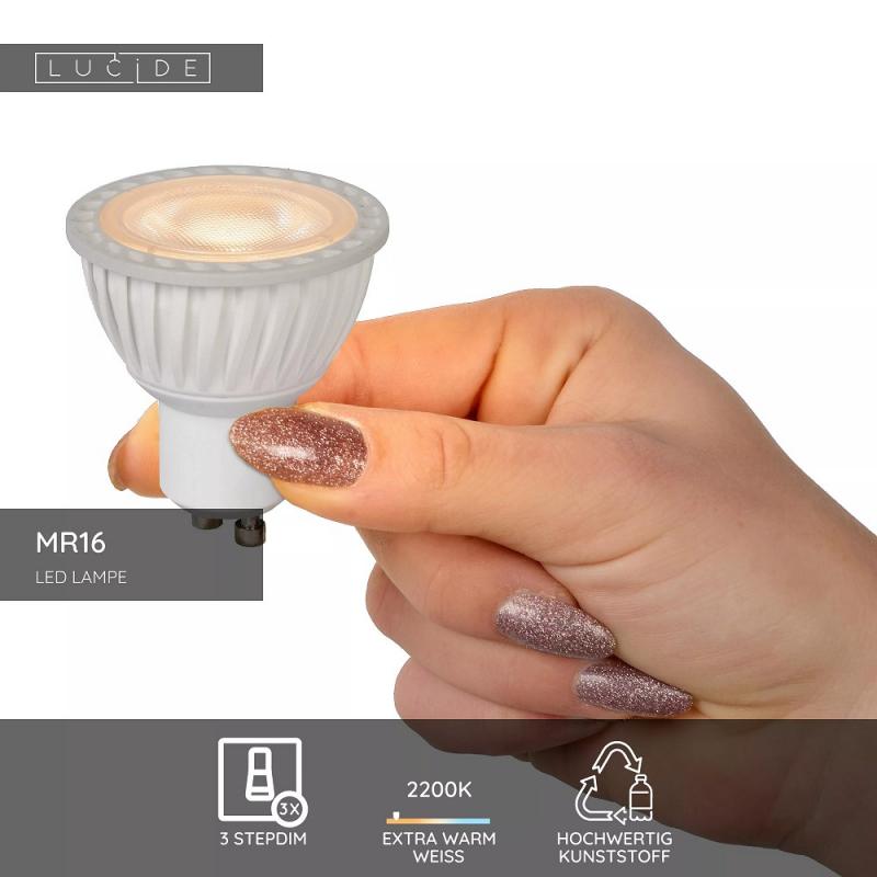 Lucide MR16 GU10 LED 5W 2200K–2700K 350 lm dimmbar Weiß – flexibles warmweißes LED-Leuchtmittel mit 3-Step-Dim