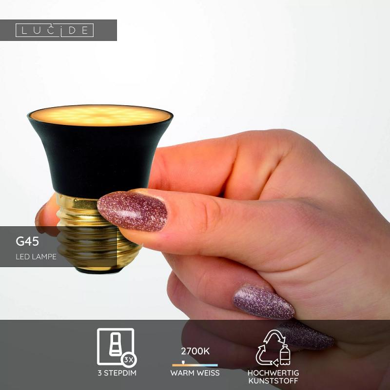 Lucide G45 LED Lampe E27 5W 2700K 3-StepDim Schwarz modern Ø4,3cm