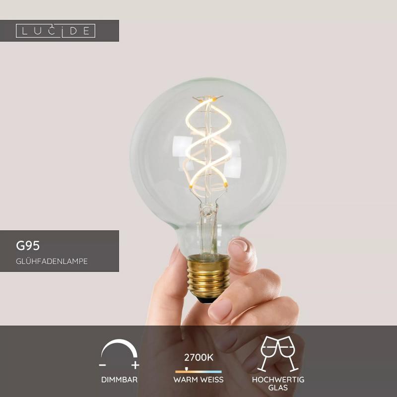Lucide G95 LED Filamentlampe E27 4,9W 2700K Transparent