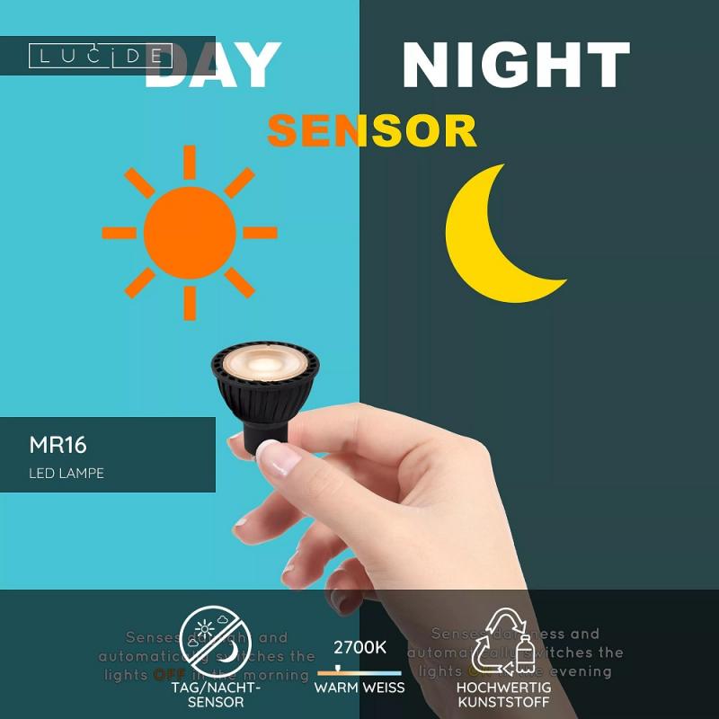 Lucide MR16 GU10 LED 5W 2700K 320 lm mit Tag/Nacht-Sensor Schwarz – intelligente Innenbeleuchtung mit warmweißem Licht