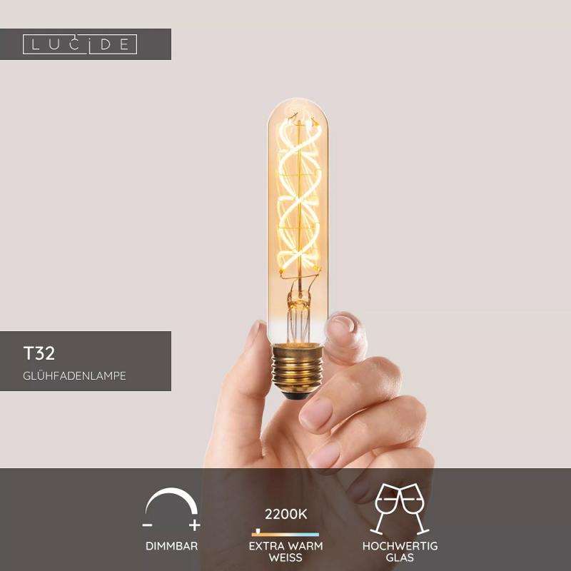 Lucide T32 E27 LED Filament 4,9W 2200K 410 lm 3-StepDim Amber mit Memory – kompakte Vintage-Glühfadenlampe