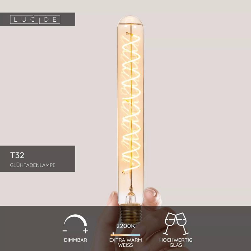 Lucide T32 E27 LED Filament 4,9W 2200K 450 lm 3-StepDim Amber mit Memory – dekorative Vintage-Glühfadenlampe