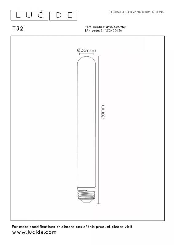 Lucide T32 E27 LED Filament 4,9W 2200K 450 lm 3-StepDim Amber mit Memory – dekorative Vintage-Glühfadenlampe