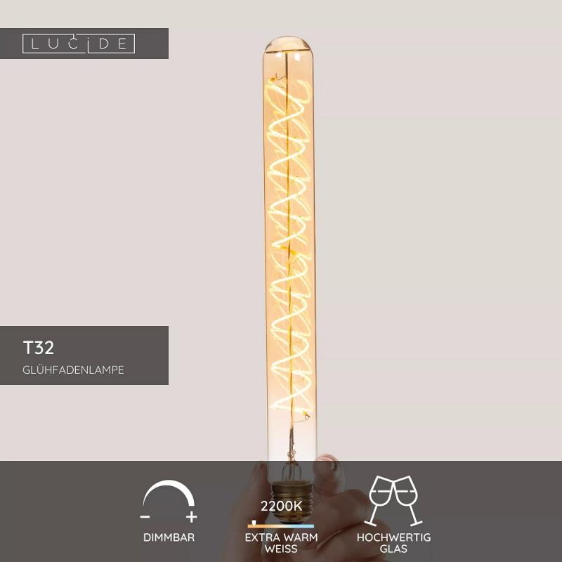 Lucide T32 E27 LED Filament 4,9W 2200K 450 lm 3-StepDim Amber mit Memory – dekorative Vintage-Glühfadenlampe
