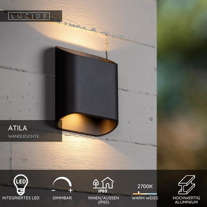 Lucide ATILA LED Wandleuchte IP65 Schwarz – 2x5W 2700K Up & Down