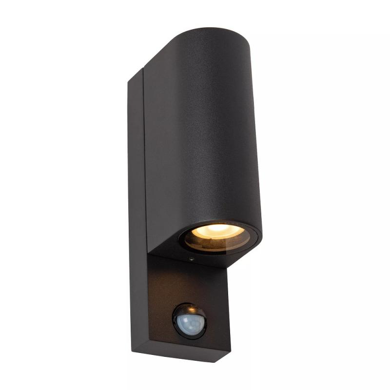 Lucide ZARO – Wandstrahler / Wandleuchte Innen & Außen – 2x GU10 – IP65 – Bewegung & Tag/Nacht-Sensor (abschaltbar) – Schwarz