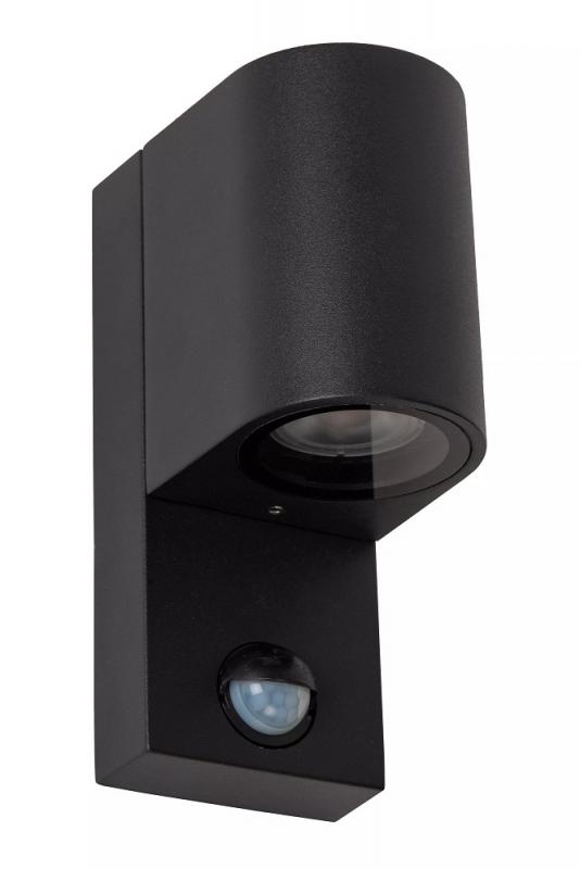 Lucide ZARO Wandstrahler IP65 Schwarz – 1x GU10 Außenwandleuchte mit Sensor