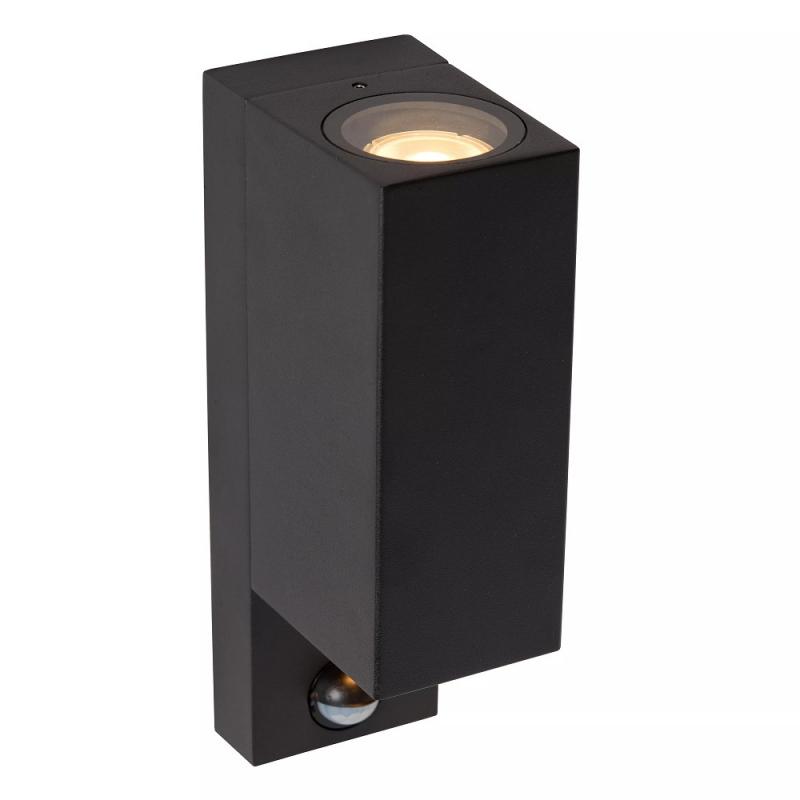 Lucide ZARO – Wandstrahler / Wandleuchte Innen & Außen – 2x GU10 – IP65 – Bewegung & Tag/Nacht-Sensor (abschaltbar) – Schwarz
