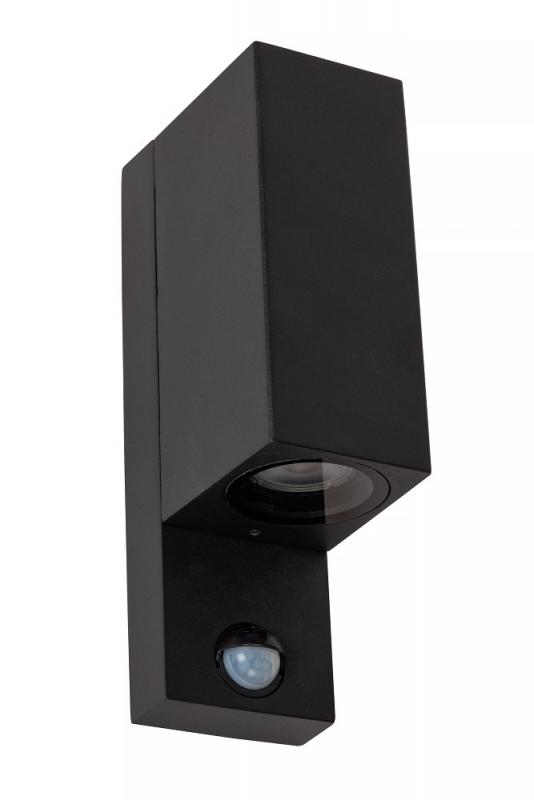 Lucide ZARO – Wandstrahler / Wandleuchte Innen & Außen – 2x GU10 – IP65 – Bewegung & Tag/Nacht-Sensor (abschaltbar) – Schwarz