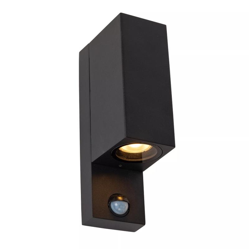 Lucide ZARO – Wandstrahler / Wandleuchte Innen & Außen – 2x GU10 – IP65 – Bewegung & Tag/Nacht-Sensor (abschaltbar) – Schwarz