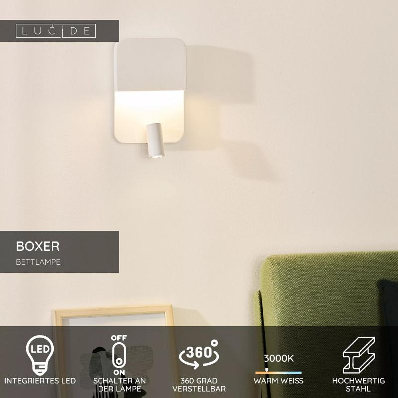 Lucide BOXER Bettleuchte / Wandleuchte LED 3000K Weiß mit USB-Ladepunkt