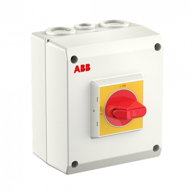 ABB OTP25BA3M Sicherheitsschalter im Kunststoffgehäuse 3-polig 15 kW 400 V mit rot-gelbem Grif, IP65 Einführung oben und unten