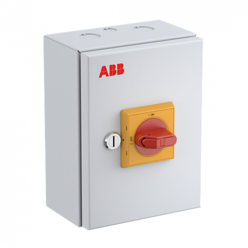 ABB OT16ETMM3AE EMV-Sicherheitsschalter im Stahlblechgehäuse 3-polig 7,5 kW 400 V mit rot-gelbem Grif, IP65 Einführung oben und unten