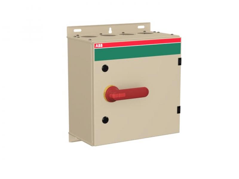 ABB OT125GLRR6AZ Sicherheitsschalter im Stahlblechgehäuse 6-polig 55 kW 400 V mit rot-gelbem Griff, IP65 Einführung oben und unten