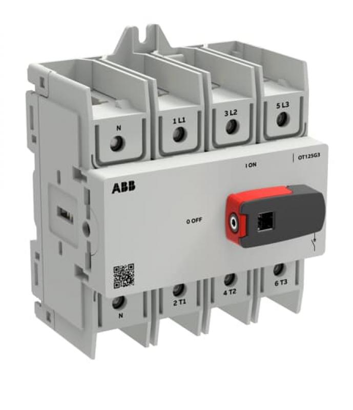 ABB OT125G3-4BSN1 Lasttrennschalter OT Plus 125 A, Baugröße G3, 4-polig, 4. Pol links DIN-Montage, Schraubklemmen IEC60947-3 und UL60947-4-1