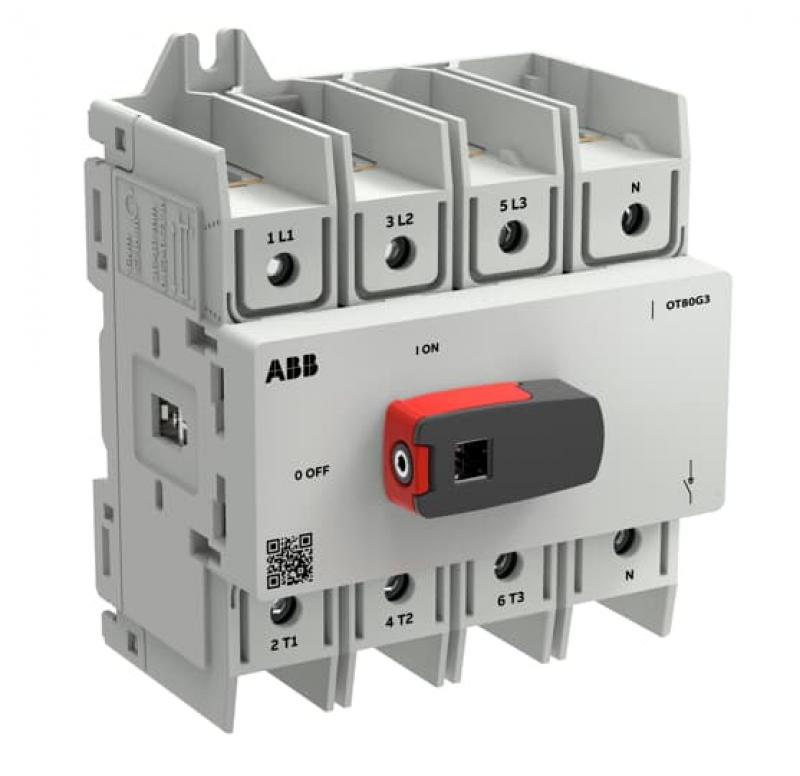 ABB OT80G3-4BSN2 Lasttrennschalter OT Plus 80 A, Baugröße G3, 4-polig, 4. Pol rechts DIN-Montage, Schraubklemmen IEC60947-3 und UL60947-4-1