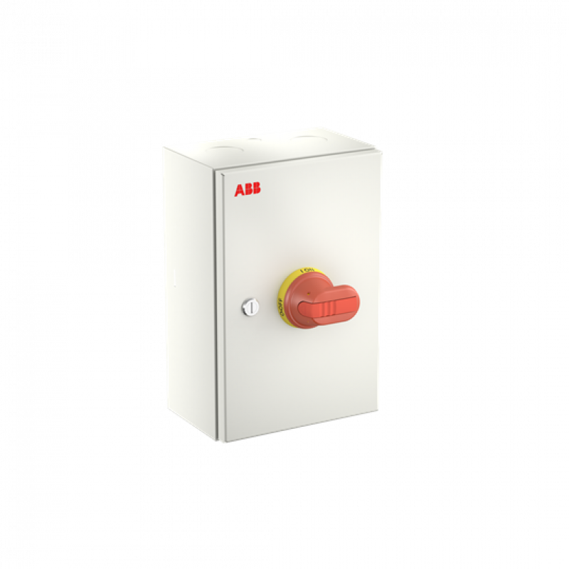 ABB OTL63GBA6M Wartungsschalter, 6-polig 415V AC23 63A, 30kW, mit rot-gelbem Griff Stahlblechgehäuse IP65 Einführung oben und unten