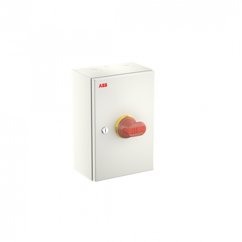 ABB OTL125GA4M Wartungsschalter, 4-polig 415V AC23 125A, 55kW, mit rot-gelbem Griff Stahlblechgehäuse IP65 Einführung oben und unten