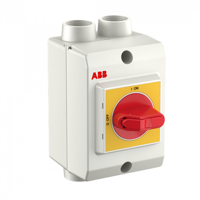 ABB OTP16GKA3M25Q Wartungsschalter, 3-polig 415V AC23A 16A, 7,5kW mit rot-gelbem Griff Federzugklemmen, Kunststoffgehäuse IP65 Einführung oben und unten