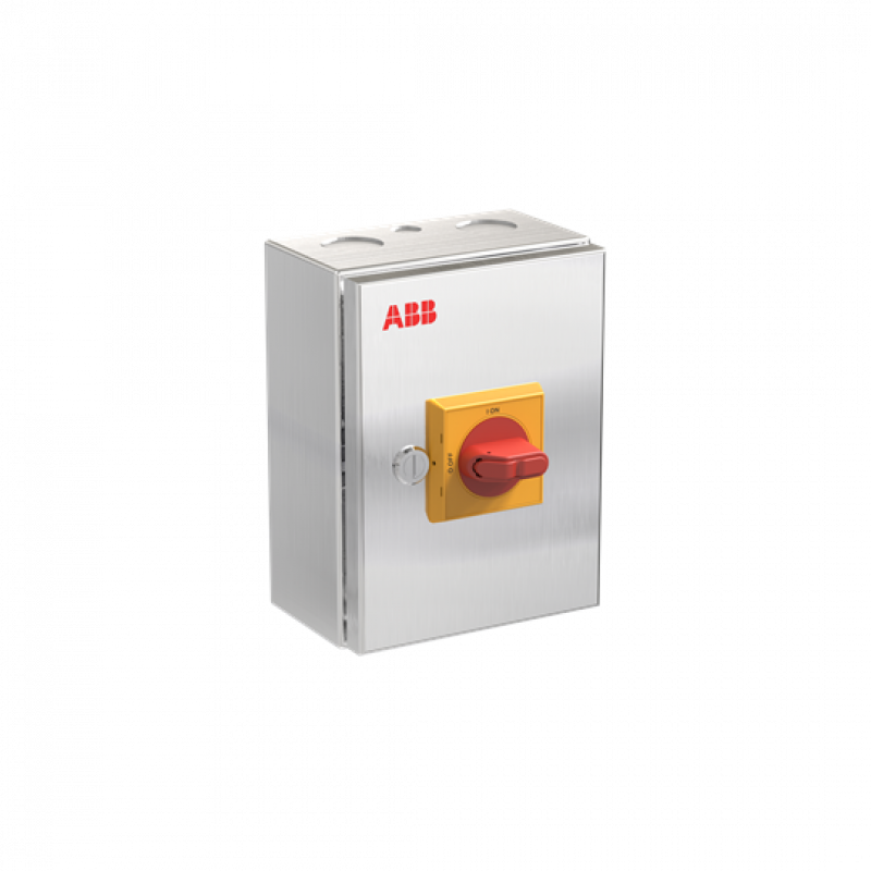 ABB OTR40GBA3M Wartungsschalter, 3-polig 415V AC23A 40A, 18,5kW mit rot-gelbem Griff Edelstahlgehäuse IP65 Einführung oben und unten