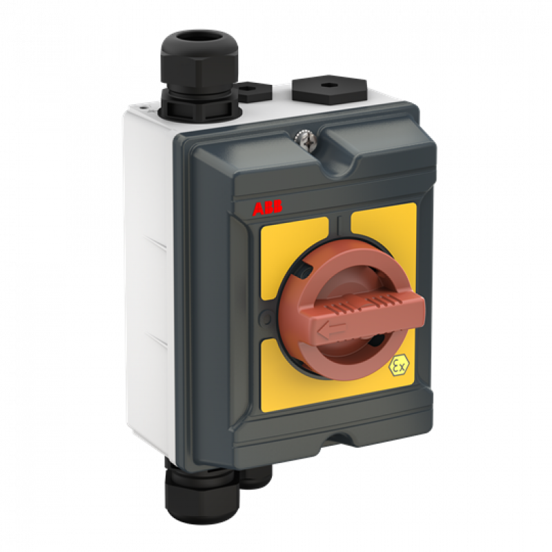 ABB OTA40GS3YX ATEX EMV Wartungsschalter, 3-polig 415V AC23A 40A, 18,5kW mit rot-gelbem Griff Aluminiumgehäuse IP65 Einführung oben und unten