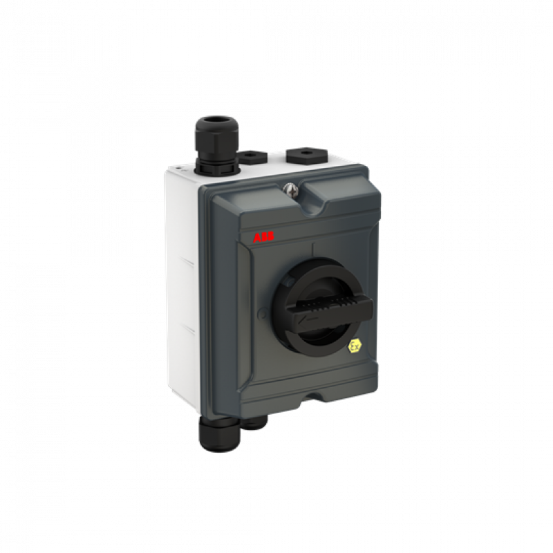 ABB OTA16GS3BX ATEX EMV Wartungsschalter, 3-polig 415V AC23A 16A, 7,5kW mit schwarzem Griff Aluminiumgehäuse IP65 Einführung oben und unten