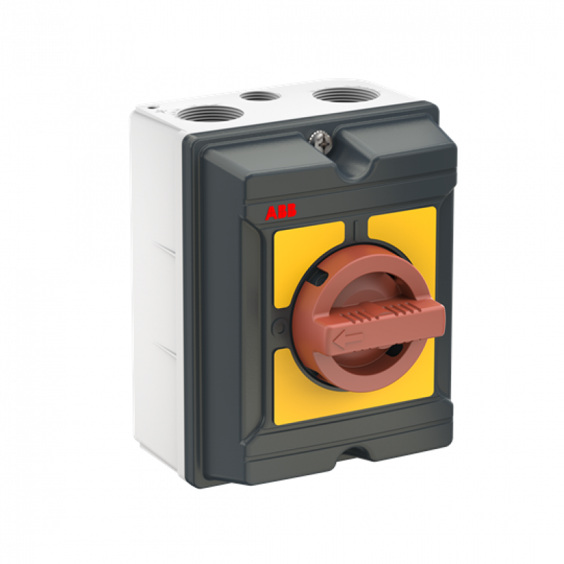 ABB OTA40GS3Y EMV Wartungsschalter, 3-polig 415V AC23A 40A, 18,5kW mit rot-gelbem Griff Aluminiumgehäuse IP65 Einführung oben und unten