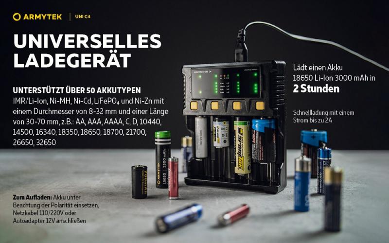 Armytek Uni C4 Plug type C - universelles Ladegerät mit intelligenter automatischer Erkennung von Batterietyp, Ladezustand und optimalem Strom