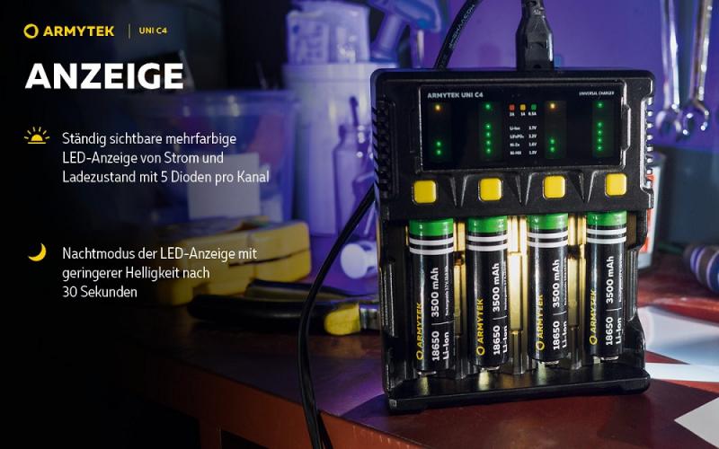 Armytek Uni C4 Plug type C - universelles Ladegerät mit intelligenter automatischer Erkennung von Batterietyp, Ladezustand und optimalem Strom