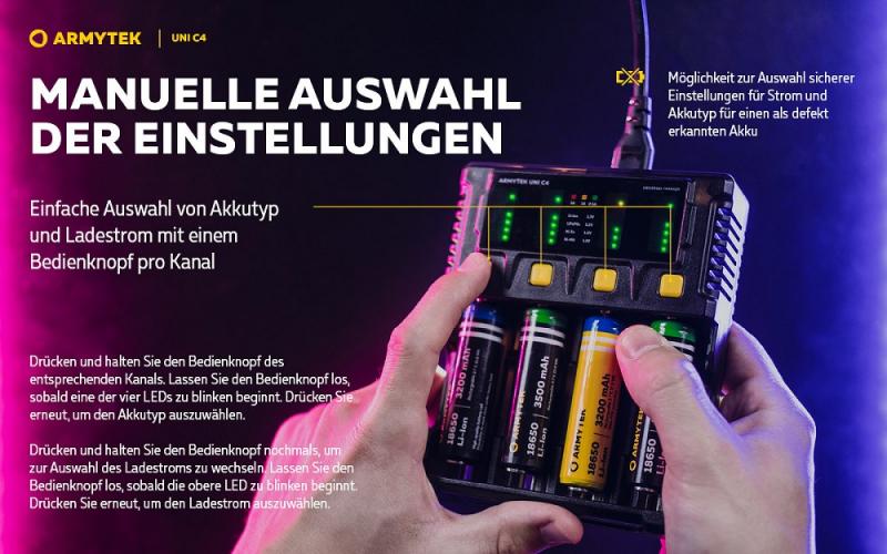 Armytek Uni C4 Plug type C - universelles Ladegerät mit intelligenter automatischer Erkennung von Batterietyp, Ladezustand und optimalem Strom
