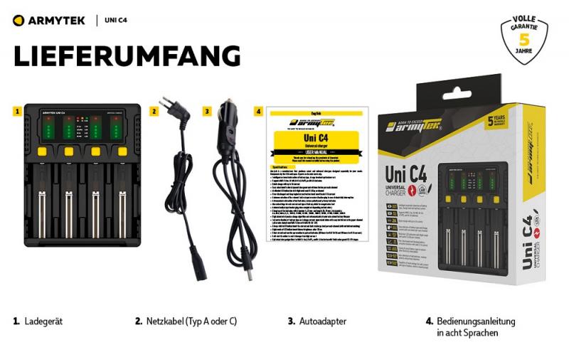 Armytek Uni C4 Plug type C - universelles Ladegerät mit intelligenter automatischer Erkennung von Batterietyp, Ladezustand und optimalem Strom