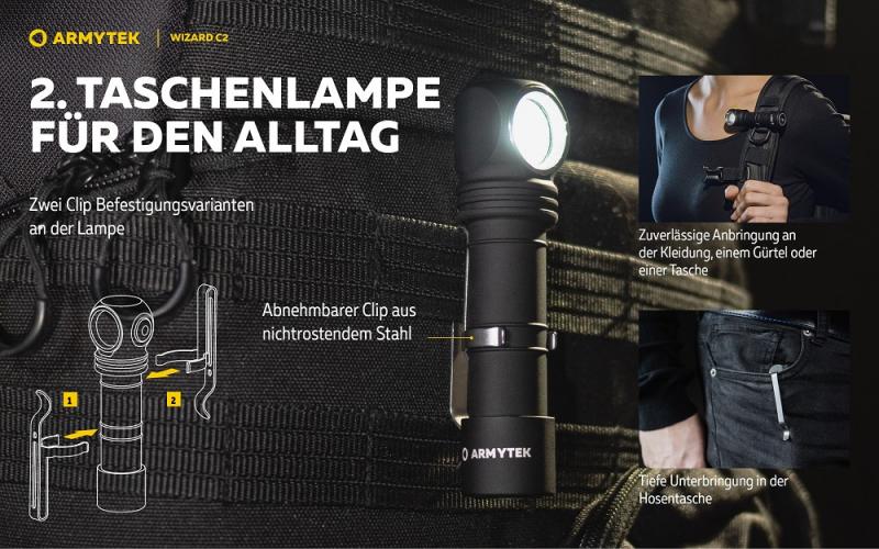 Armytek Wizard C2 Magnet USB Taschenlampe und Stirnlampe 3in1 mit Magnethalterung akkubetrieben (weißes Licht)