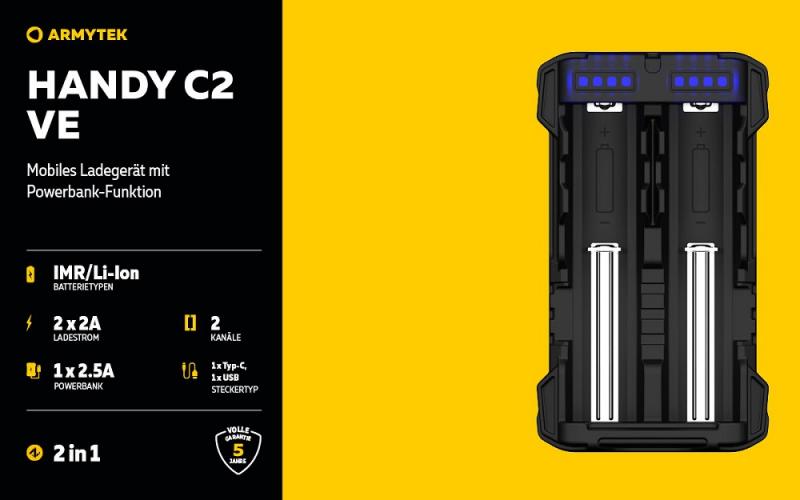 Armytek Handy C2 VE Ladegerät für 2 Akkus mit Powerbank-Funktion