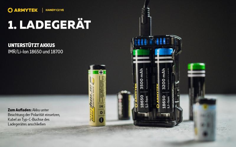 Armytek Handy C2 VE Ladegerät für 2 Akkus mit Powerbank-Funktion