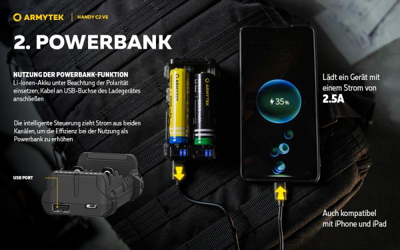 Armytek Handy C2 VE Ladegerät für 2 Akkus mit Powerbank-Funktion
