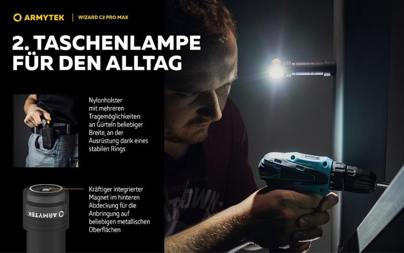 Armytek Wizard C2 Pro Max Magnet USB Taschen- und Stirnlampe mit Magnethalterung akkubetrieben warmes Licht
